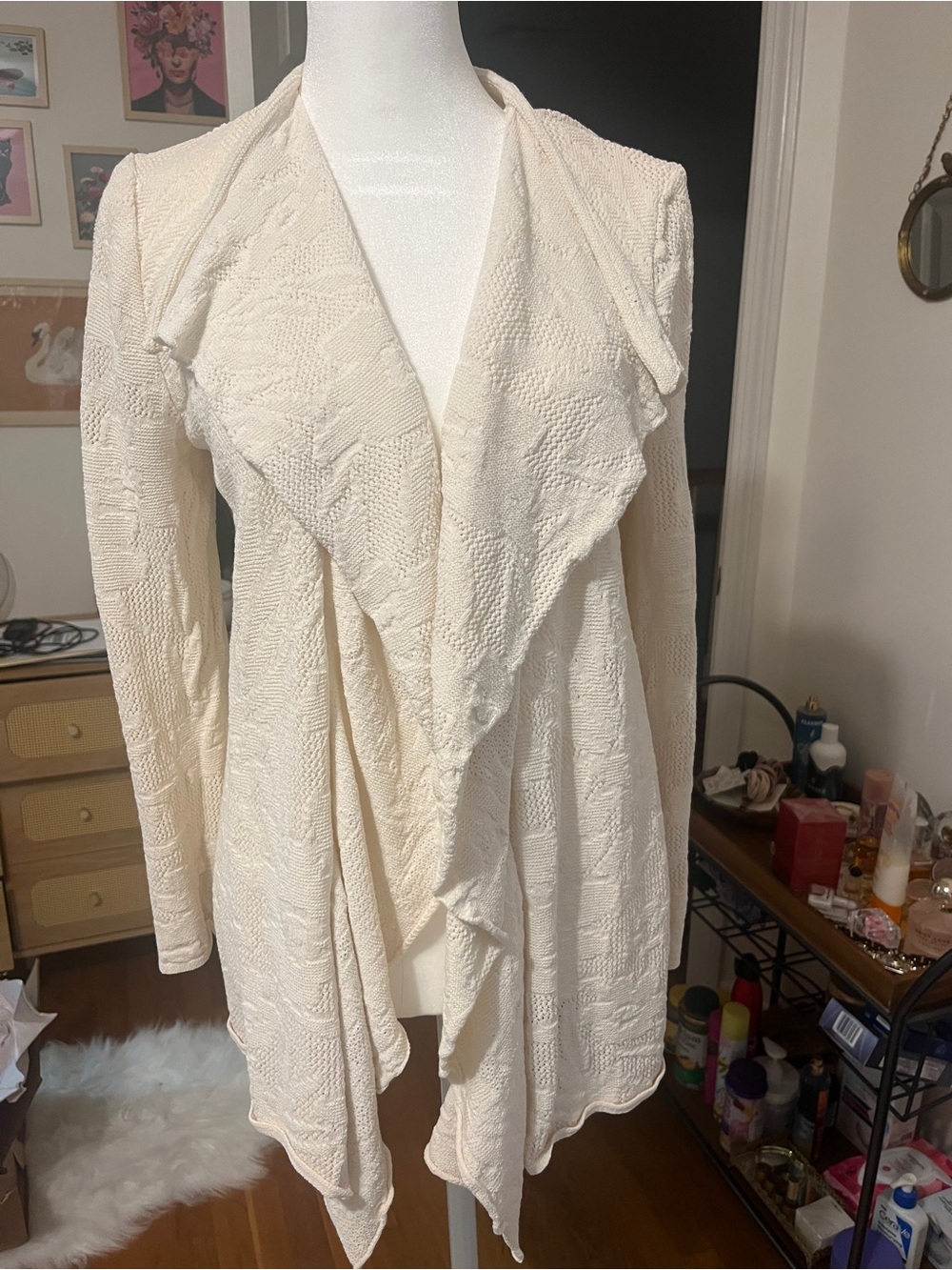 St. John Cream Draped Open-Front Knit Cardigan